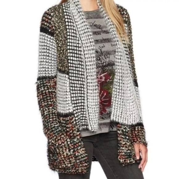 Dor Dor Couture Eyelash Knit Open Front Pocket Cardigan Patchwork Sweater Medium - Picture 2 of 11